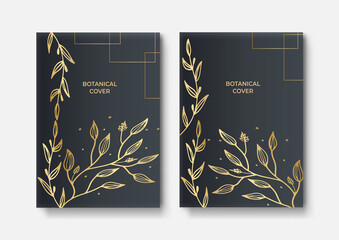 Vector vertical wedding invitation cards set with black and gold tropical leaves on dark background. Luxury exotic botanical design for wedding ceremony. Can be used for cosmetics, spa, beauty salon