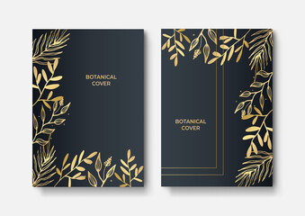Vector vertical wedding invitation cards set with black and gold tropical leaves on dark background. Luxury exotic botanical design for wedding ceremony. Can be used for cosmetics, spa, beauty salon