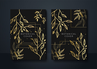 Set of elegant creative botanical brochure, card, background, cover. Luxury black and golden floral leaves texture. Geometric frame. Palm, exotic leaves.