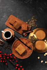 Top View Various Shape Moon Cake (Mooncake) Chinese Dessert Snack during Lunar New Year Mid Autumn Festival. Concept Rustica Black Asian Bakery, Served with Tea and Coffee