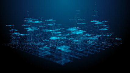 Smart city or digital cityscape IOT or Internet of things cloud computing with hologram wire-frame cityscape in futuristic style - Conceptual Illustration Rendering