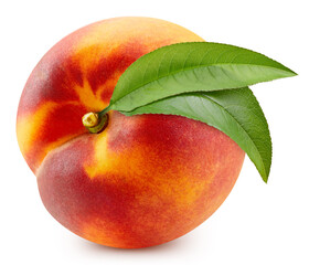 Peach with leaves isolated on white background. Fresh red peach with clipping path