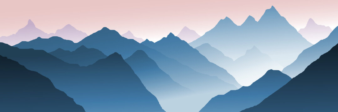 Mountain landscape, morning view, fog in the gorge. Vector illustration, banner.	
