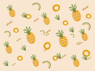 Seamless pineapples pattern. Vector on orange background with pineapples slices.