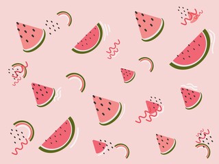 Seamless watermelons pattern. Vector on pink background with watercolor watermelon slices.