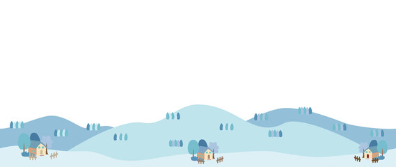 Banner illustration of a hill and a house in a winter landscape.