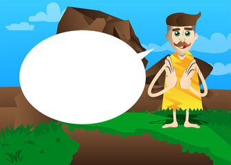 Fototapeta premium Cartoon prehistoric man with clapping hands. Vector illustration of a man from the stone age.