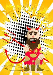 Cartoon prehistoric man devil with pitchfork. Vector illustration of a man from the stone age.
