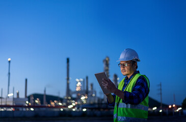 Engineer wearing safety uniform and helmet looking detail tablet on hand with oil refinery factory...