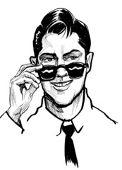 Ink black and white drawing of a handsome man in sunglasses
