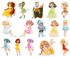 Sticker set with different fairytale cartoon characters