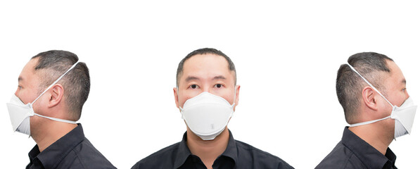 man wear n95 protection corona virus mask isolated on whtie in pandemic covid 19 in side and front...