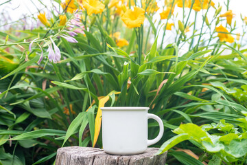 Mug mockup with bokeh green nature. Farmhouse rustic style. White coffee cup mock up. Blank mug printing design template.