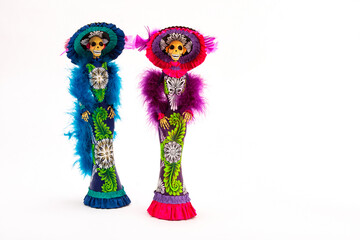 Mexican Catrina on white background for Day of the Dead, Mexican tradition catrina doll