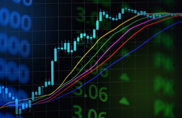 Forex graph business or Stock graph chart market exchange ,Technical price candlestick with indicator on chart computer screen background, Stock trading graphic design for financial investment trade