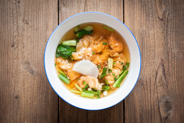 Soup bowl, Shrimp and pork dumpling soup with vegetable Asian food, Wonton soup, Thai and Chinese food