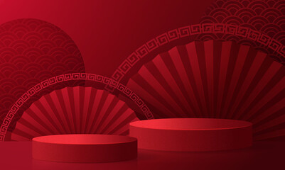 3d Podium round, square box stage podium and paper art Chinese new year,Chinese Festivals, Mid Autumn Festival, red paper cut, fan, flower and asian elements with craft style on background.