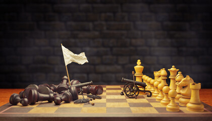 Dark chess raises a white flag in surrender to bright chess on a chessboard and smoke floating in the air and dark brick background. The concept of business loss and bankruptcy. 3D illustration..