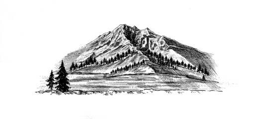 Mountain with pine trees and landscape black on white background. Hand drawn rocky peaks in sketch style. Handcrafted illustration mountain peak, hill top, nature landscape. Outdoor travel, tourism. 