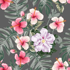 Seamless floral pattern pink Hibiscus flowers abstract background.Vector illustration watercolor hand drawning.For fabric print design texture