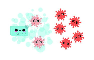 Soap against germs and bacteria, kawaii style illustration. The soap frowns severely and protects against viruses with soap bubbles. Concept: the importance of hygiene and cleanliness. Vector flat