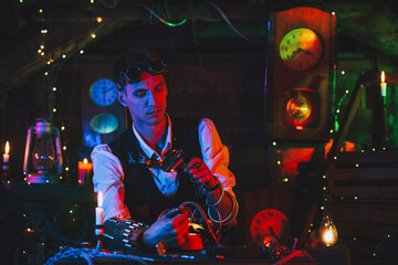 male inventor in a steampunk suit with glasses with a magnifying glass