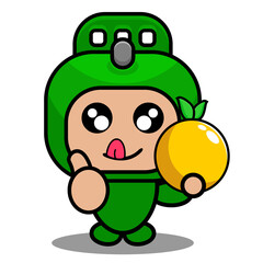 vector cartoon cute doodle rolling pin mascot costume character holding orange fruit