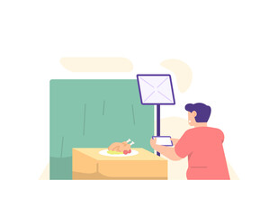 concept of a content creator, videographer, photographer. illustration of a male freelancer using a smartphone to take a picture of a meal or roast chicken. flat cartoon style. vector design