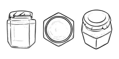 Glass jar front and top view. Hexagonal jar for preserves of pickles, honey or jam. Hand drawn vector illustration isolated in white background