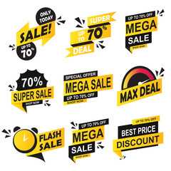 Price tags vector collection. Ribbon sale banners isolated. New collection offers. Discount and new collection tag on ribbon realistic and banner vector with 70% off.