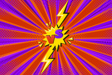 Superhero halftoned background with lightning. Violet and orange versus comic design with yellow flash. Vector illustration backdrop
