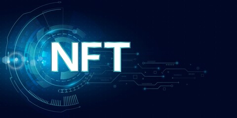 Non-fungible token (NFT) coin.Bluie abstract technology background.