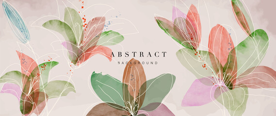 Flower watercolor art background vector. Wallpaper design with floral paint brush line art. leaves and flowers nature design for cover, wall art, invitation, fabric, poster, canvas print.