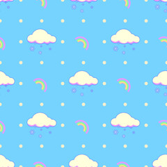 Seamless pattern star , cloud , rainbow , rain , thunder ,sun , moon, snow on  blue background. 