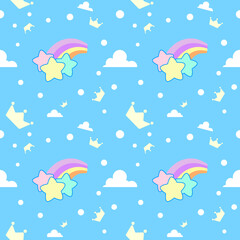 Seamless pattern star , cloud , rainbow on blue background.