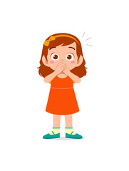 cute little boy covering mouth with hand pose