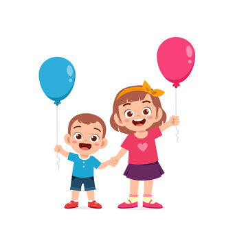 cute little girl play balloon with baby sibling