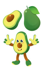 Avocado vector with sliced and funny fruit character