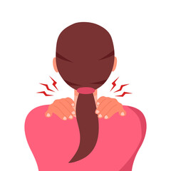 Woman having neck ache symptom in flat design on white background. Neck and shoulders pain. Muscle problem.