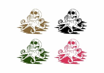 Four color variation of skull head with octopus feet