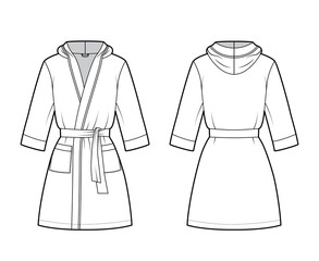 Bathrobe hooded Dressing gown technical fashion illustration with wrap opening, mini length, oversized, tie, pocket, elbow sleeves. Flat front, back white color style. Women men unisex CAD mockup