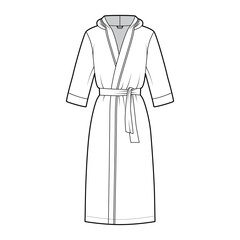 Bathrobes hooded Dressing gown technical fashion illustration with wrap opening, knee length, oversized, tie, elbow sleeves. Flat garment apparel front, white color. Women, men, unisex CAD mockup