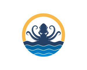 Octopus in the sea water with circle shape logo