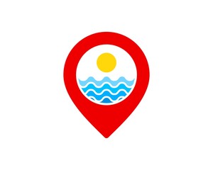 Red pin location with abstract beach wave and sunset