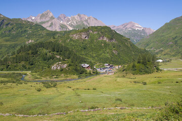 Fototapeta na wymiar Panoramic view of Riale walser alpine village in Val Formazza, Piemonte