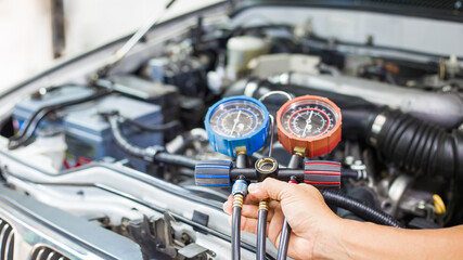 Car air conditioner check service, leak detection, fill refrigerant.