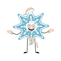 Cute Christmas snowflake with joyful emotions, smile face, happy eyes, arms and legs. Happy holiday symbol in a red Santa hat, scarf and mittens