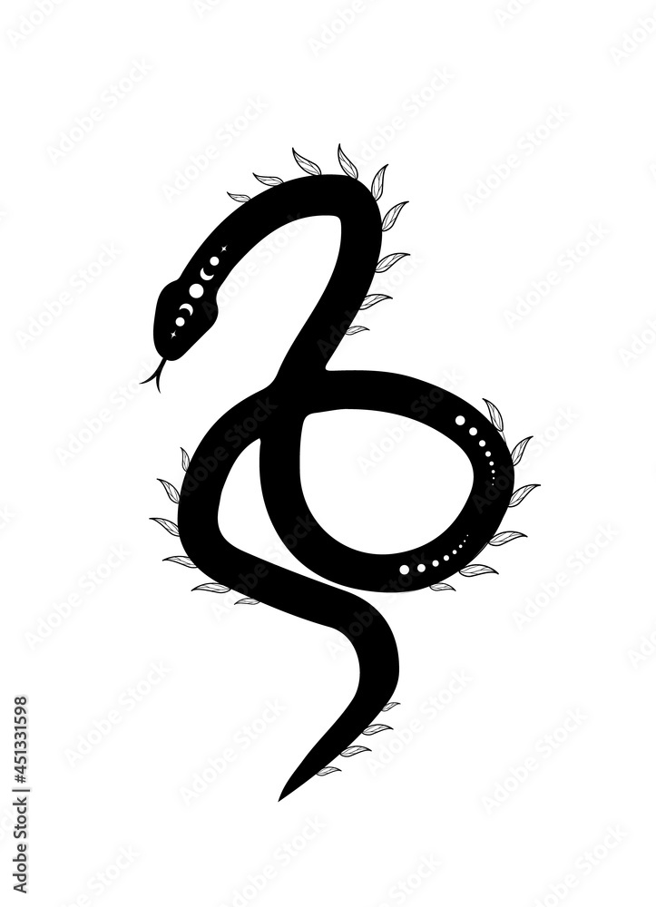 Wall mural magic snake in boho style with moon and leaves. mystical symbol in a trendy minimalist style. esoter
