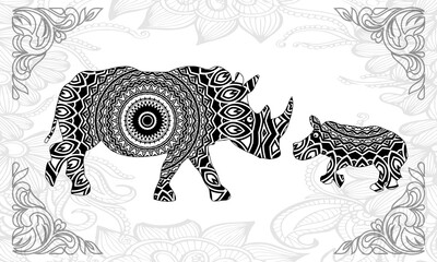 Rhinoceros coloring book vector illustration. Anti-stress coloring for adult. Zentangle style. Black and white lines. Lace pattern
Zentangle stylized cartoon rhino (rhinoceros), isolated on white bac