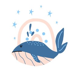 Children's hand-drawn illustration of a blue whale. Whale with rainbow and stars. Illustration for postcards and prints.